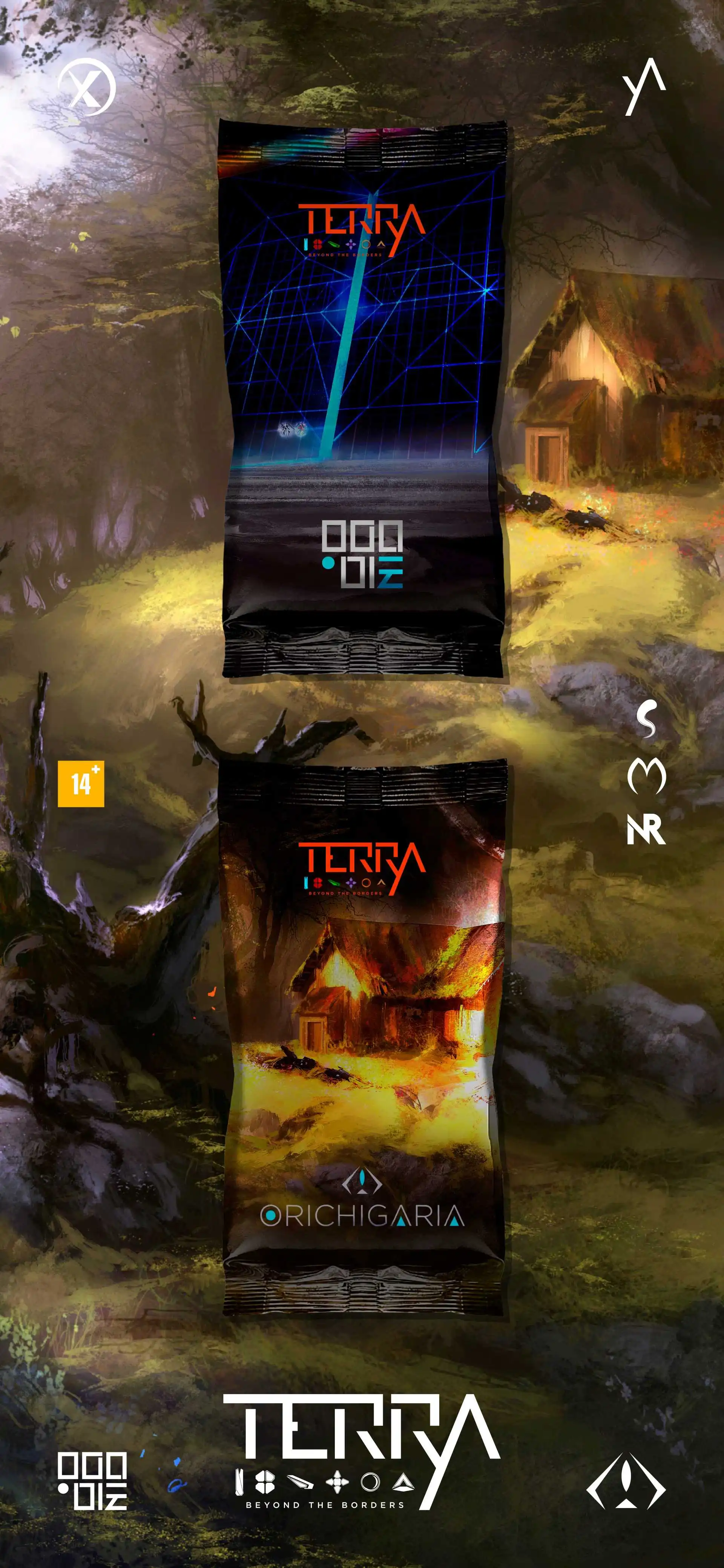 Banner Card Game YXO TERRA, dois booster um esquerda da coleção ogazia e da direita de orichigaria
